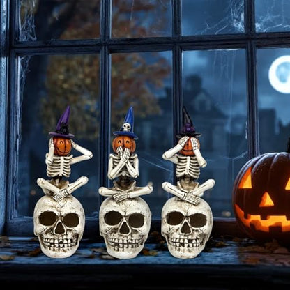 Halloween Skeleton Statue Set of 3, See Speak Hear No Evil Figurines - color: Pumpkin