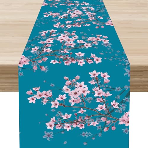 Japanese Table Runner, Blue Traditional Cherry Blossom Spring Pink Floral Flower Branch Seasonal Summer Table Center Decor for Family Kitchen Table Decorations Indoor Outdoor 13x36 inch - color: Cherry Blossom-8, size: 13x36" Table Runner