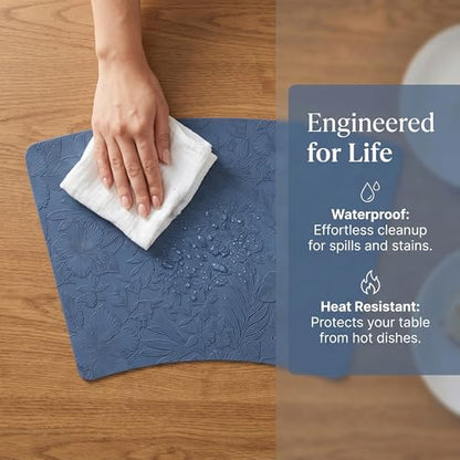 Faux Leather Set of 6, Placemats with Carving Floral Design - color: Dark Blue