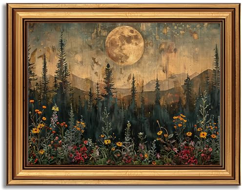Devunaty Gold Framed Vintage Forest Full Moon Wall Art, Moonlit Pine Tree Wall Decor Paintings,Wildflowers and Mountains Rustic Woodland Nature Landscape Picture Canvas Print for Living Room 16"x24" - color: Moonlit Forest, size: 24"L x 16"W