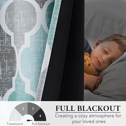 Beauoop Moroccan 100% Blackout Curtains Bedroom Aqua Grey 50x63 2 Panels - color: Rod Pocket | Aqua and Grey, size: 50"W x 63"L (Pack of 2)