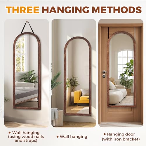 48x16in Arched Full Length Mirror Solid Wood Frame, Brown - color: Browna, size: 48"L x 16"W