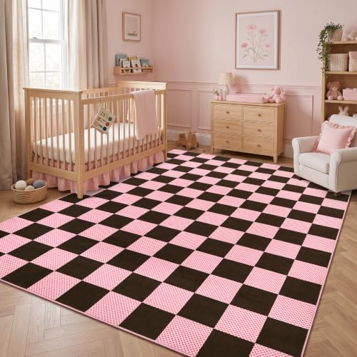 GarveeHome Checkered Brown Pink 3x5 Washable Girls Low-Pile Rug for Bedroom - color: Brown Pink, size: 3' x 5' (Rectangular)