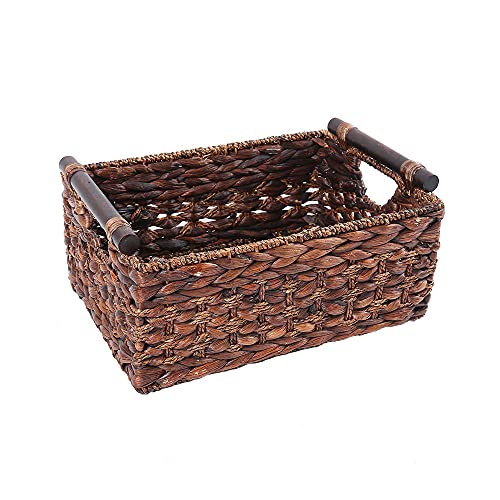 Water Hyacinth Wicker Storage Basket with Wood Handles, Large - color: Dark Brown, size: 14.17x 10.23x 6.69