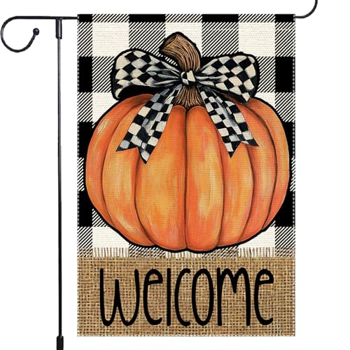 Welcome Buffalo Plaid Fall Garden Flag Pumpkin Garden Flags 12.5x18 Inch Double Sided Small Vertical Autumn Bowknot Thanksgiving For Decor Yard Outdoor Decoration - color: RMQ-561, size: 12"X18"