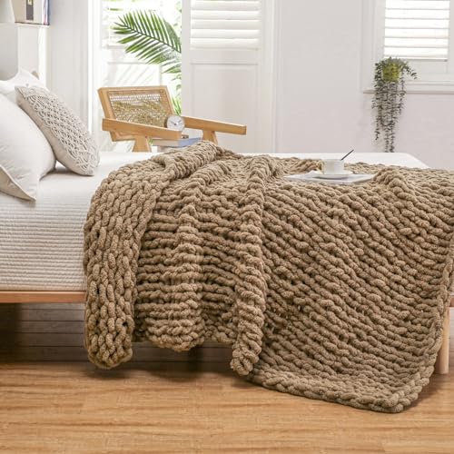 WESHIONGOO Chunky Knit Blanket Throw for Couch Bed 51"×63" Brown - color: Brown, size: 51"x63"(Large Size Throw)