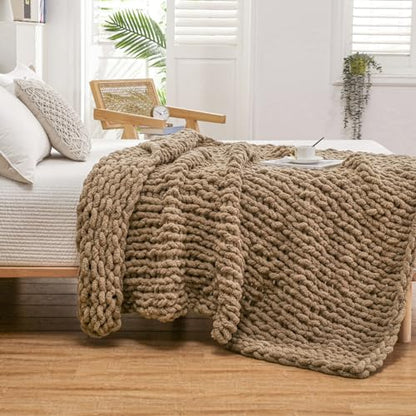 WESHIONGOO Chunky Knit Blanket Throw for Couch Bed 51"×63" Brown - color: Brown, size: 51"x63"(Large Size Throw)