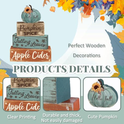 4 Pcs Fall Teal Decor for Home Fall Pumpkin Wooden Sign with Sunflower - style: Sunflower Pumpkin