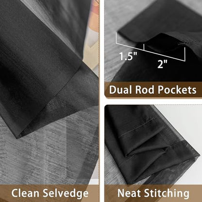 Black Sheer Curtains 54 Inch Length Rod Pocket - color: Black, size: 42"W x 54"L (Pack of 2)
