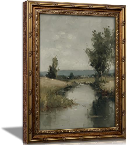 KKP Antique Gold Framed Creek Wall Art, Vintage Riverside Canvas Prints - color: River Landscape, size: 11"L x 9"W