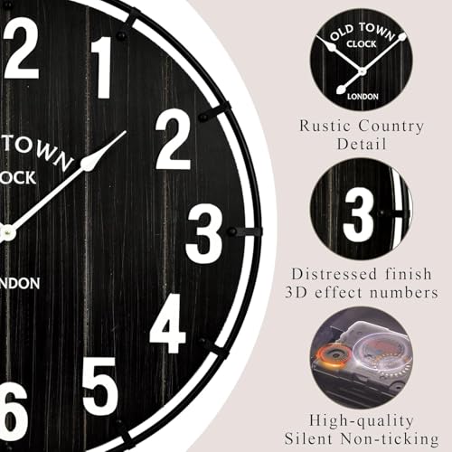 EMAX HOME Large Old Town Farmhouse Black Wall Clock 30 Inch Rustic Antique Wood with Metal Circle and Large Numerals Silent Battery Operated Wall Clock for Office Kitchen Bedroom Living Room - color: Black, size: 30 Inch