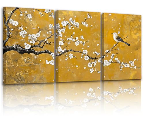 Framed vintage wall decor white flowers and birds canvas painting floral branches gallery art, natural birds wall print suitable for living room bedroom home décor 16 x 24 inches 3-piece set. - color: flowers-4, size: 16x24in