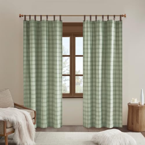 Madison Park Plaid Window Curtain, 1 Panel, 50x84 Green, Top Tab - color: Faux Leather Tab Top, Green, size: 50"W x 84"L (Pack of 1)