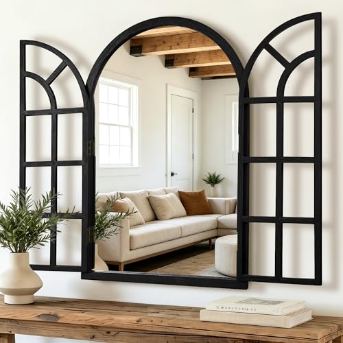 Arched Wood Mirror for Wall, 28" x 40" Rustic Farmhouse Mirror, Black - size: 40"L x 28"W