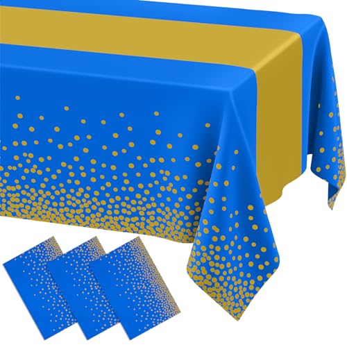 Smiry Disposable Rectangle Plastic 54 x 108 Inch Table Cloth 3 Pack - color: Blue and Gold