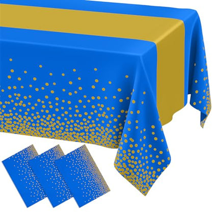 Smiry Disposable Rectangle Plastic 54 x 108 Inch Table Cloth 3 Pack - color: Blue and Gold