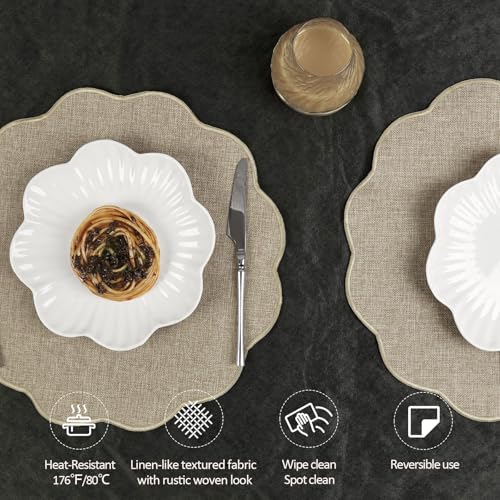AHHFSMEI Round Scalloped Placemats Set of 6 15 Inch Faux Linen - color: Linen Beige