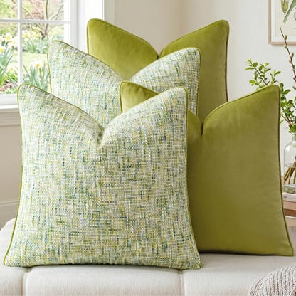 a moment Green 4 Pack Throw Pillow Covers - Chenille & Velvet Set with Piping, Farmhouse Textured Design Pillow Cases for Couch Sofa Bed Livingroom (22x22 Inch, No Insert) - color: Green, size: 22" x 22" (Pack of 4)