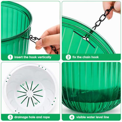Pumtus 4 Pack Self Watering Hanging Planters, 6.5'' & 4.5'' Plastic Indoor Outdoor Flower Pot, Round Basket with Drainage Hole & Detachable Chain, Succulent Plant Container for Patio Garden Home Decor