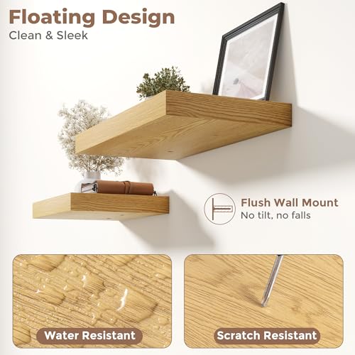 36 Inch Floating Shelves for Wall 2 Pack, 12"D Wood Grain Bathroom Shelves - color: (B.o.) Natural Oak Finish, size: 36"W x 12"D x 1.5"H, 2 Pack