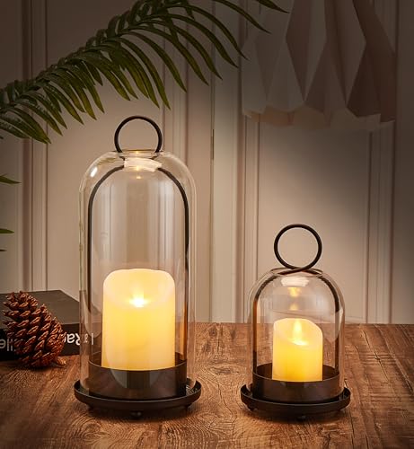 Candle Holder Lanterns, Handcrafted Metal & Glass with Modern Aesthetic Design, Hurricane Pillar Candlestick Holders, Table or Hanging Decorations Set of 2, 5.1" & 4.4" Diameter, Black - color: Black