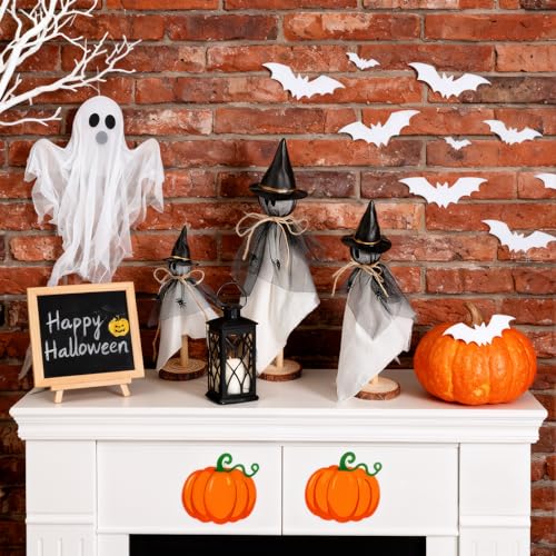 AceOrbit Halloween Decorations Indoor Ghost Set of 3 Sizes Primitive Ghost Wooden Stand Rustic with Witch Hat Spider Fabric Figure Shelf Sitters Table Centerpieces Tiered Tray Halloween Party Supply