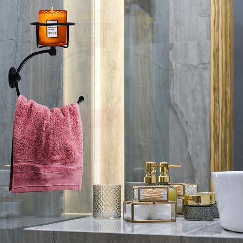 Hand Towel Holder, Matt Black Hand Towel Ring for Bathroom Wall Mounted, Heavy Duty Towel Hook with Candle Holder for Bathroom Wall Decoration - color: Black