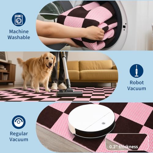 GarveeHome Checkered Brown Pink 5x7 Washable Girls Low-Pile Rug for Bedroom - color: Brown Pink, size: 5' x 7' (Rectangular)