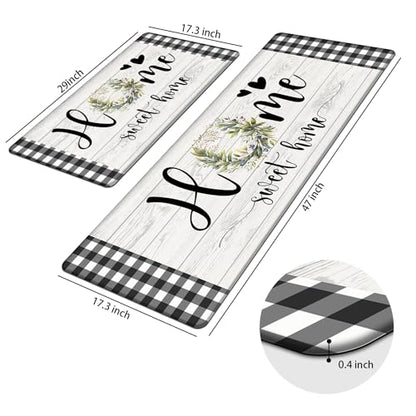 MAYHMYO Black White Checkered Kitchen Mats for Floor,Anti Fatigue Cushioned - color: Wreath