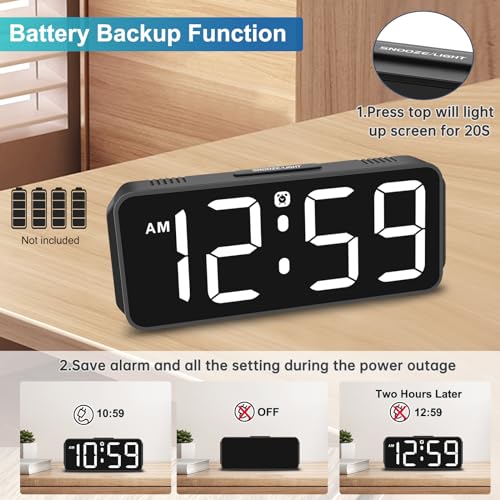 Peakeep Small Digital Alarm Clock for Bedroom, Large Number, Battery Backup - color: White Digits(plug-in, Ultra-compact)