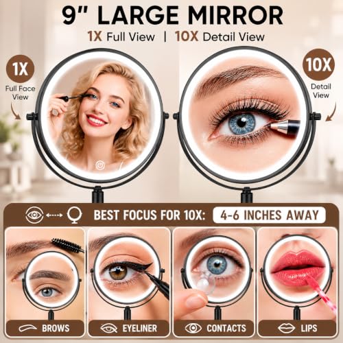 O'VANTAGE 9" Lighted Makeup Mirror with Lights, Rechargeable Cordless Vanity Mirror, 1X/10X Double Sided Magnification, CRI 97 True Daylight, Height Adjustable 15"-19", 3 Color Dimmable LED