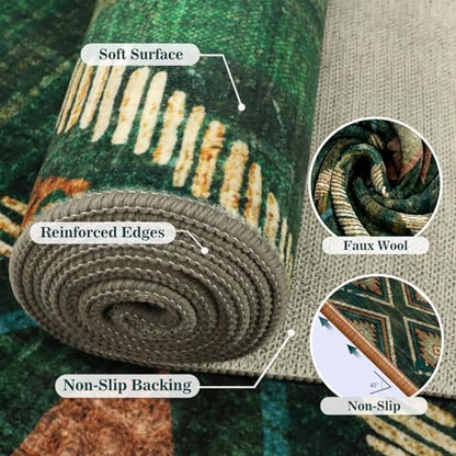Green Boho Washable Living Room Entryway Area Rugs 3x5Ft Non Slip - color: Green, size: 3' x 5' (Rectangular)