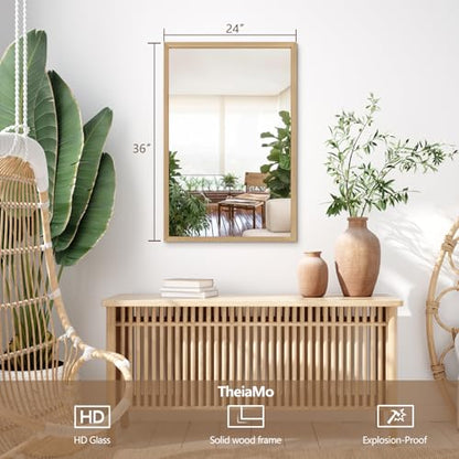 Wood Wall Mirror for Over Sink, 36"x24" Solid Bathroom Mirror