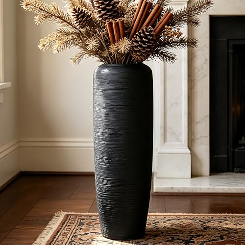Black Rustic Ceramic Floor Vase, 24 Inch, Ribbed Texture - size: 23.6 Inch