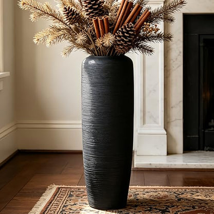 Black Rustic Ceramic Floor Vase, 24 Inch, Ribbed Texture - size: 23.6 Inch