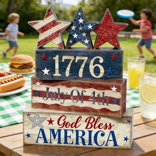 4th of July Table Decorations Patriotic Memorial Day Tiered Tray Decor Wooden Star Block Signs Independence Farmhouse 250th July Fouth Centerpiece for Tables Wooden Sign for Home Decor - style: July Fouth Star