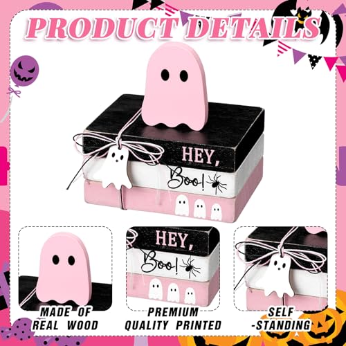 GlikCeil 4 Pcs Halloween Ghost Table Decorations Spooky Wooden Signs,Pink - color: Pink