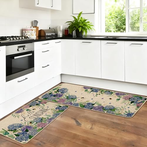 Baccessor Hydrangea Kitchen Mats Set of 2, Spring Summer Floral Bee Kitchen Rugs for Floor Non Slip Absorbent Low-Profile Seasonal Farmhouse Home Decor 17x29 and 17x47 Inch - color: Hydrangea