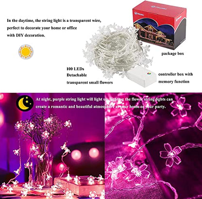33ft 100 LED Plug in Fairy Lights, Pink Christmas Flower String Lights - color: 100 LED Pink