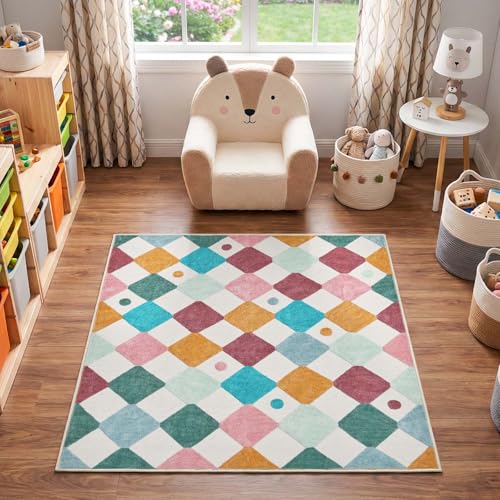 jinchan 4x4 Square Nursery Rug Washable Kids Rug Colorful Play Mat Confetti - color: Diamond Confetti, size: 4' x 4' (Square)