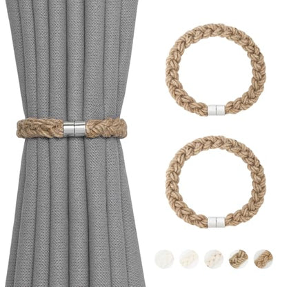 NICEEC 2 Pack Natural Jute Rope Curtain Tiebacks Elegant Boho Style Magnetic Drape Tie Backs Soft Hand-Woven Rope Curtain Holdbacks for Home & Office Drapery (Jute Rope-Thick) - color: Jute Rope-thick, size: 2 Pack