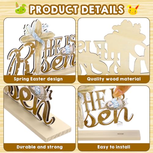 Blulu 5 Pieces Easter Table Decorations Wooden Bunny Signs Wood Easter Centerpieces for Farmhouse Rustic Home Office Tier Tray Decor Table Decoration Supplies(He is Risen)