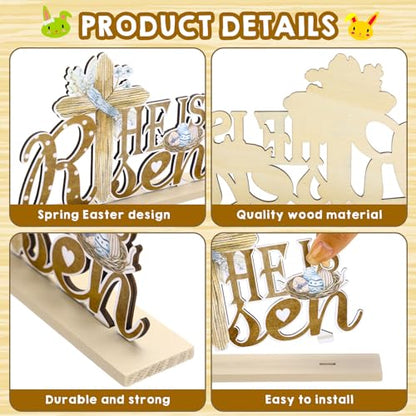 Blulu 5 Pieces Easter Table Decorations Wooden Bunny Signs Wood Easter Centerpieces for Farmhouse Rustic Home Office Tier Tray Decor Table Decoration Supplies(He is Risen)