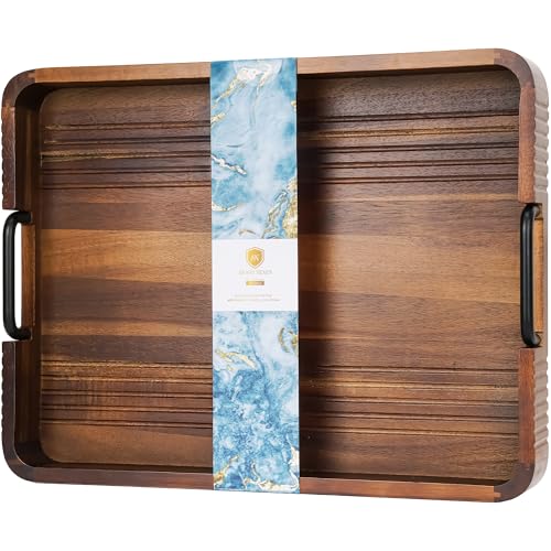 Acacia Wood Serving Tray with Metal Handle, 17x13in Tray for Ottoman - color: Dark Acacia / Black Handle, size: 17” × 13” × 2”