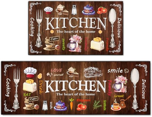 Kitchen Mats for Floor 2 Piece Set,Farmhouse Brown Kitchen Rug Vintage Style Theme Decor,Absorbent Washable Non-Slip Floor Mats 17"x47"+17"x30" - color: Brown B