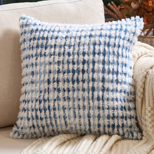 Aeckself Boho Chenille Tufted Pillow Cover 18x18 Inch, Decorative Square Throw Pillow Cover Neutral Pillowcase for Couch Bedroom Living Room, Blue White - color: Blue White, size: 18" x 18" (Pack of 1)