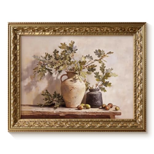 VIYYIEA Gold Frame Botanical Wall Art, Oak Branch Canvas Print 11x14 Inch - color: Oak Still Life
