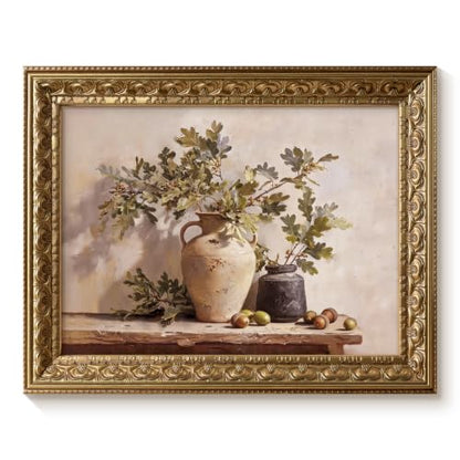 VIYYIEA Gold Frame Botanical Wall Art, Oak Branch Canvas Print 11x14 Inch - color: Oak Still Life