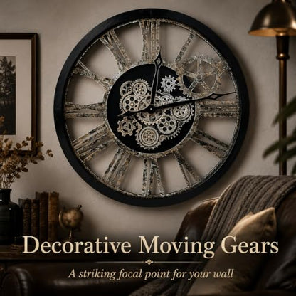 The B-Style Large Real Moving Gears Wall Clock, 30 inch, Black - color: Black and Bronze, size: 30 inch (76 cm)