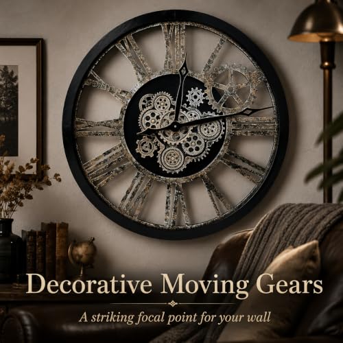The B-Style Large Real Moving Gears Wall Clock, 30 inch, Black - color: Black and Bronze, size: 30 inch (76 cm)